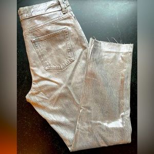 Zara Metallic High Rise Silver Jeans with Raw Hem. Size 8